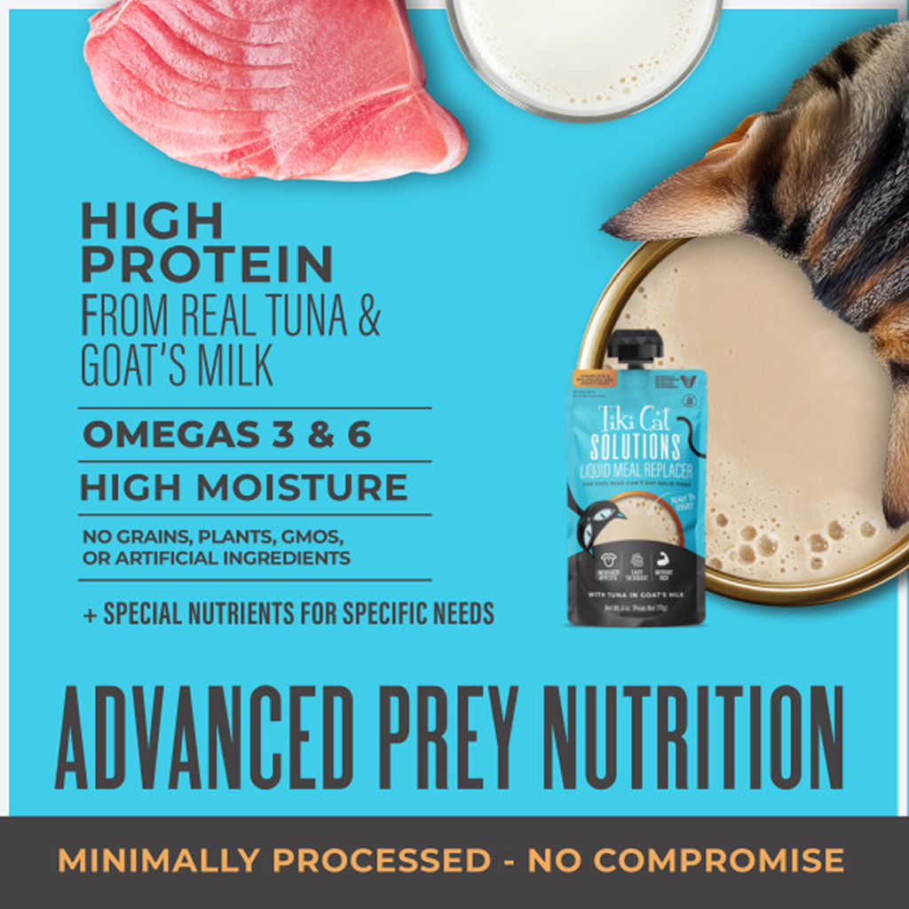 Tiki Cat Solutions Wet Cat Food Tuna & Goat Milk, Liquid Meal Replacer, 6-oz image number null